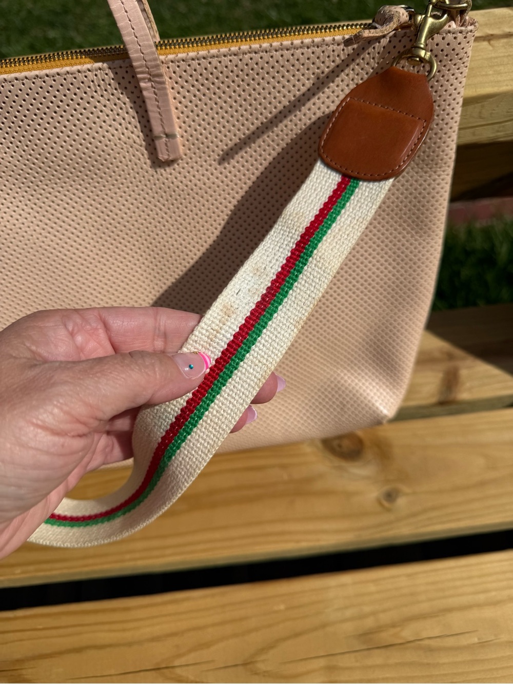 Clare V Blush Pink Perforated Tote with Striped Shoulder Strap - Picture 12 of 14